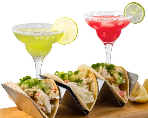 tequila drinks and tray of tacos